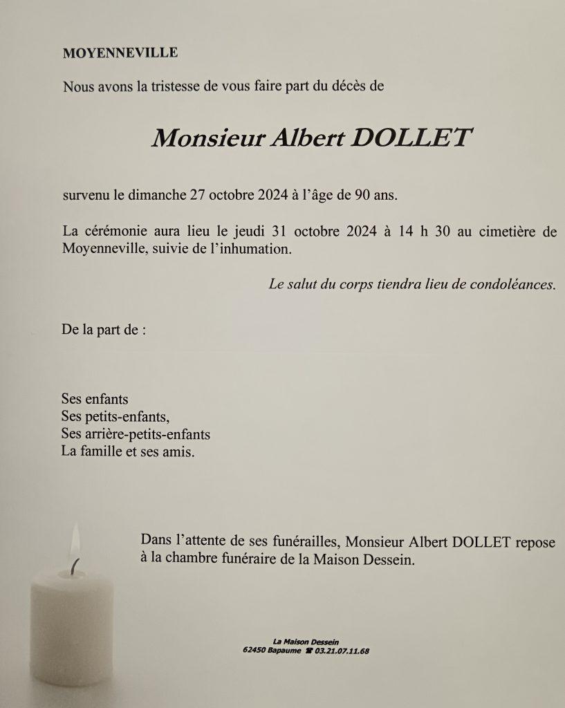 Avis de décès - Monsieur Albert DOLLET