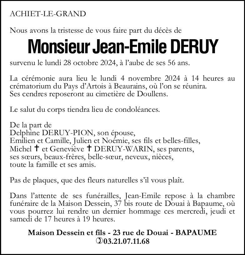 Avis de décès - Monsieur Jean-Emile DERUY