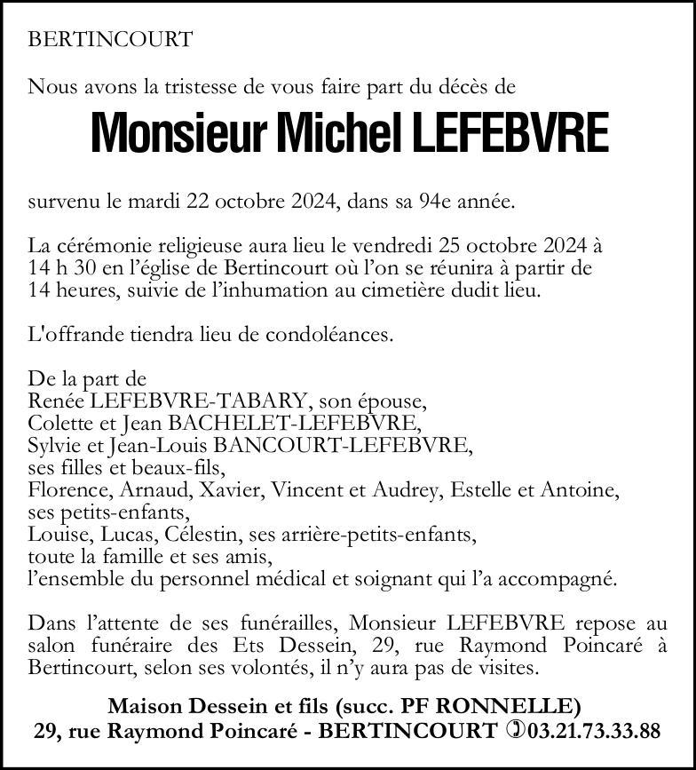 Avis de décès - Monsieur Michel LEFEBVRE