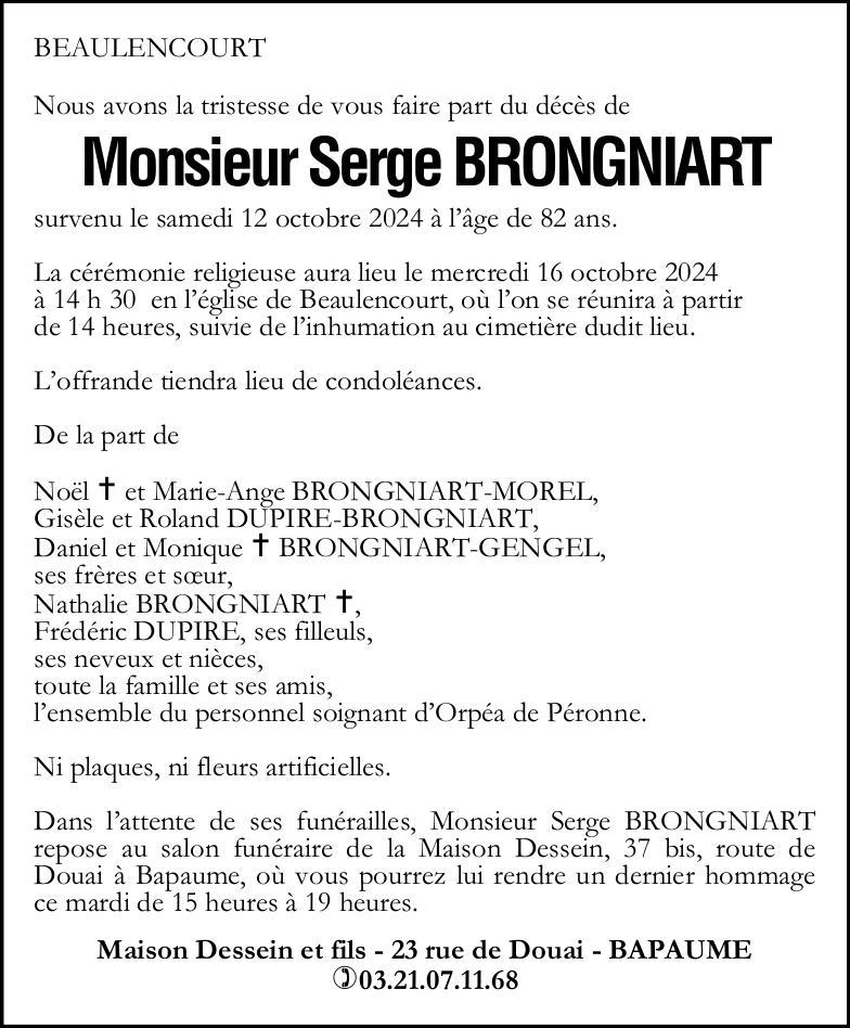 Avis de décès - Monsieur Serge BRONGNIART