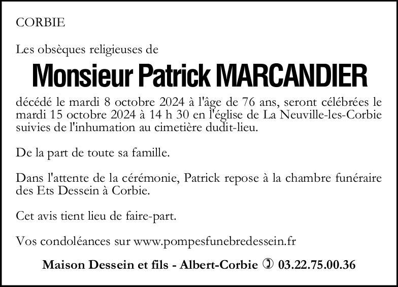 Avis de décès Patrick MARCANDIER