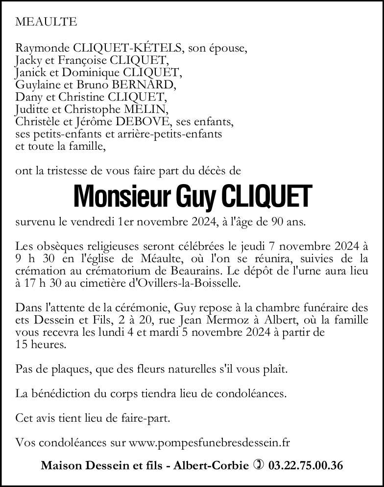 Avis de décès Guy CLIQUET