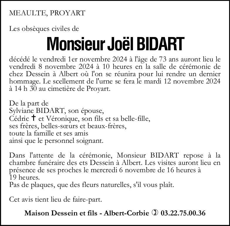 Avis de décès Joël BIDART