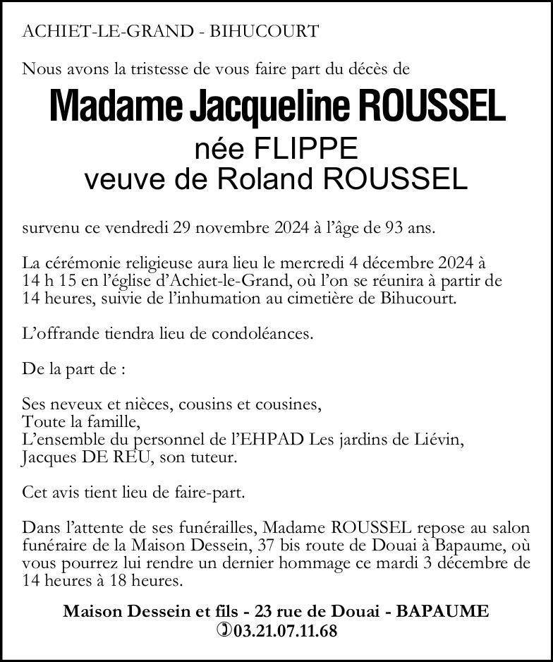 Avis de décès - Madame Jacqueline ROUSSEL née FLIPPE