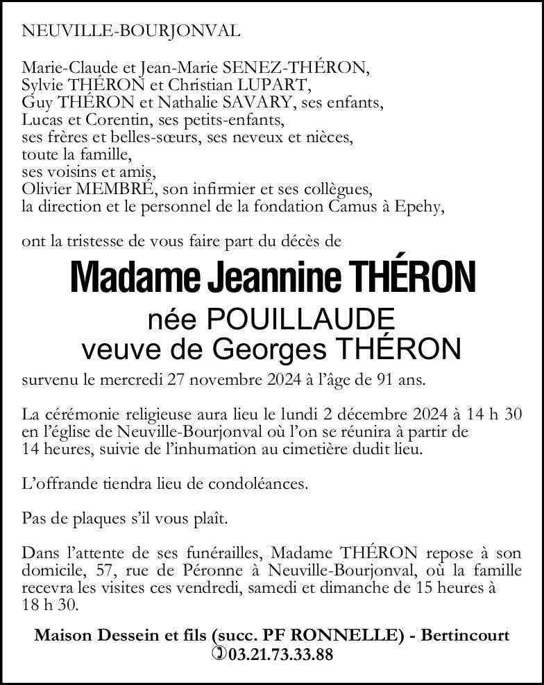 Avis de décès - Madame Jeannine THERON née POUILLAUDE