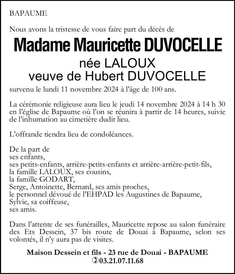 Avis de décès - Madame Mauricette DUVOCELLE née LALOUX