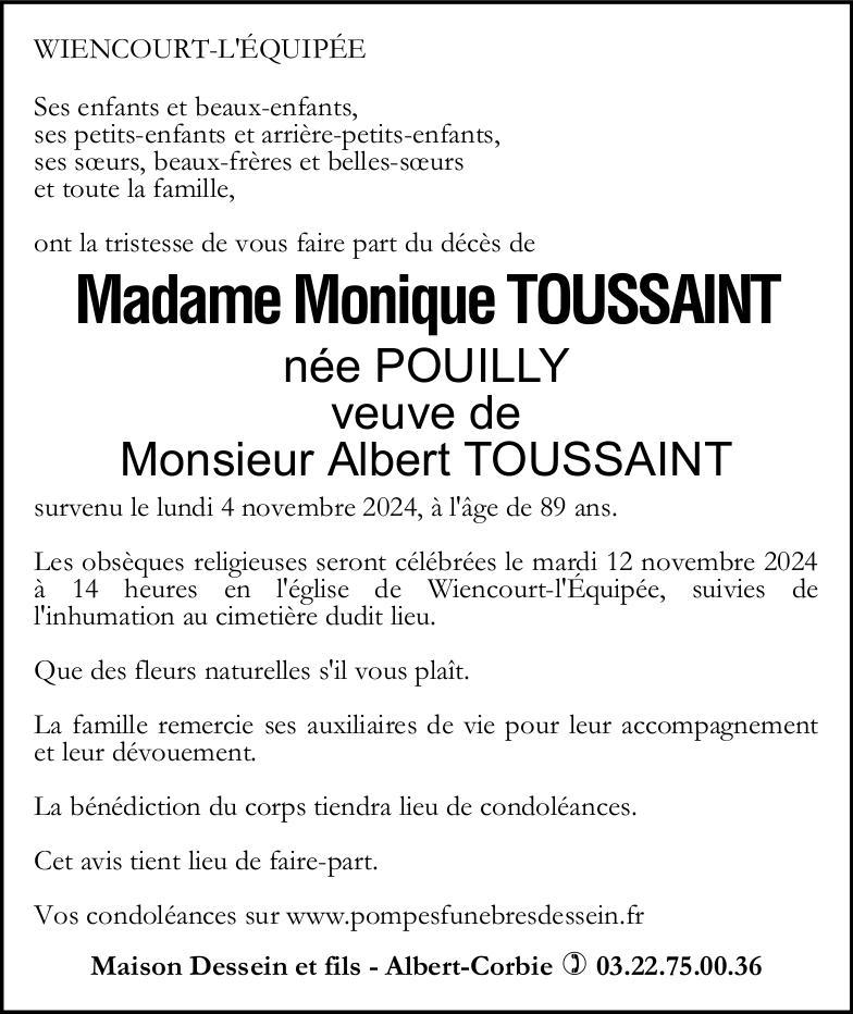 Avis de décès Monique TOUSSAINT