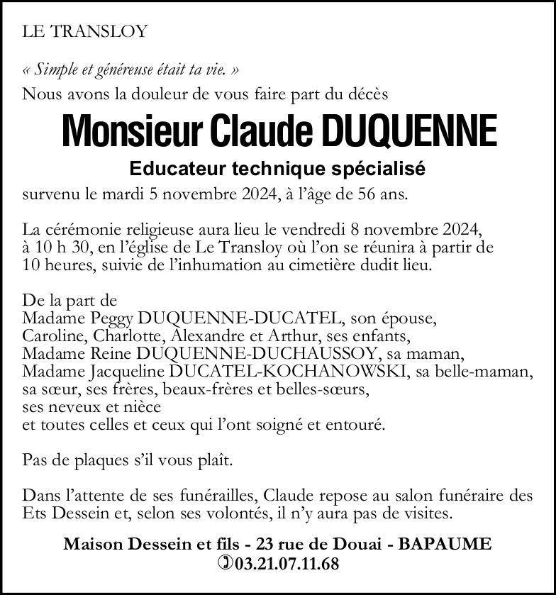 Avis de décès - Monsieur Claude DUQUENNE