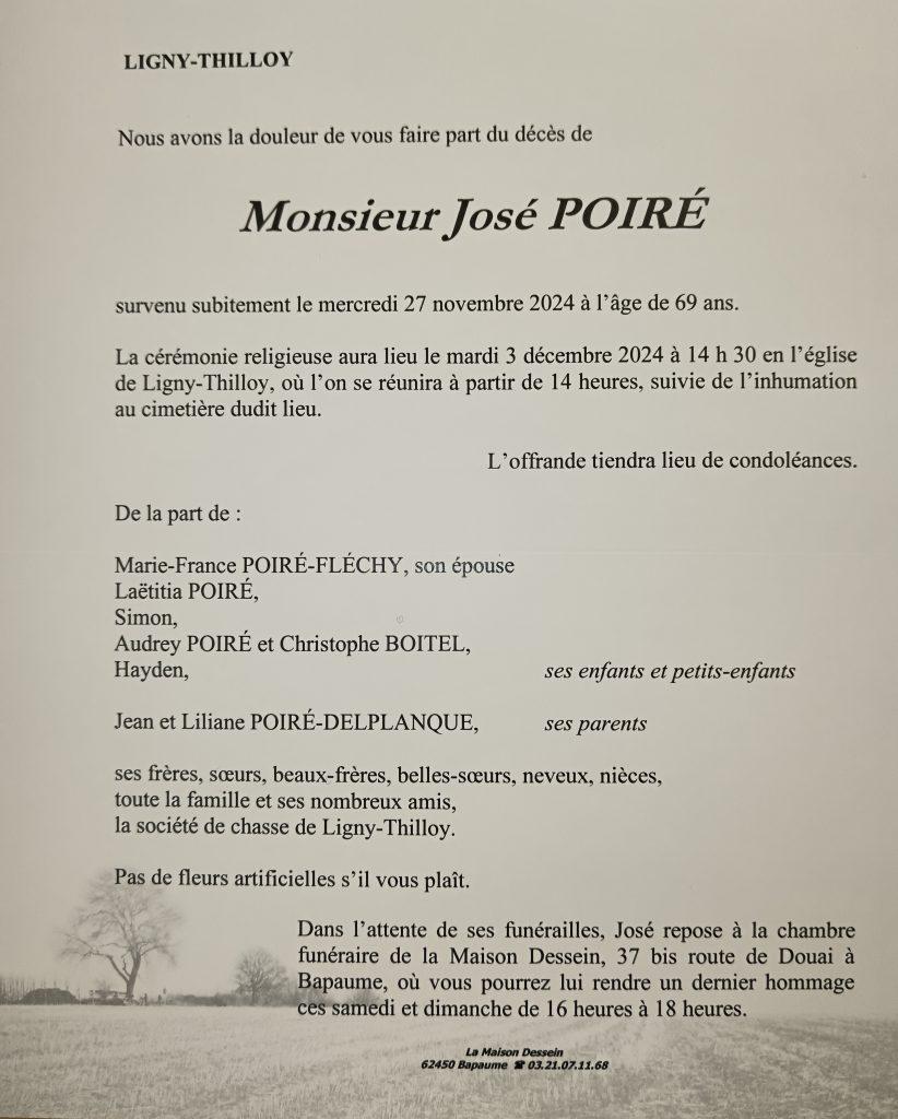 Avis de décès - Monsieur José POIRE