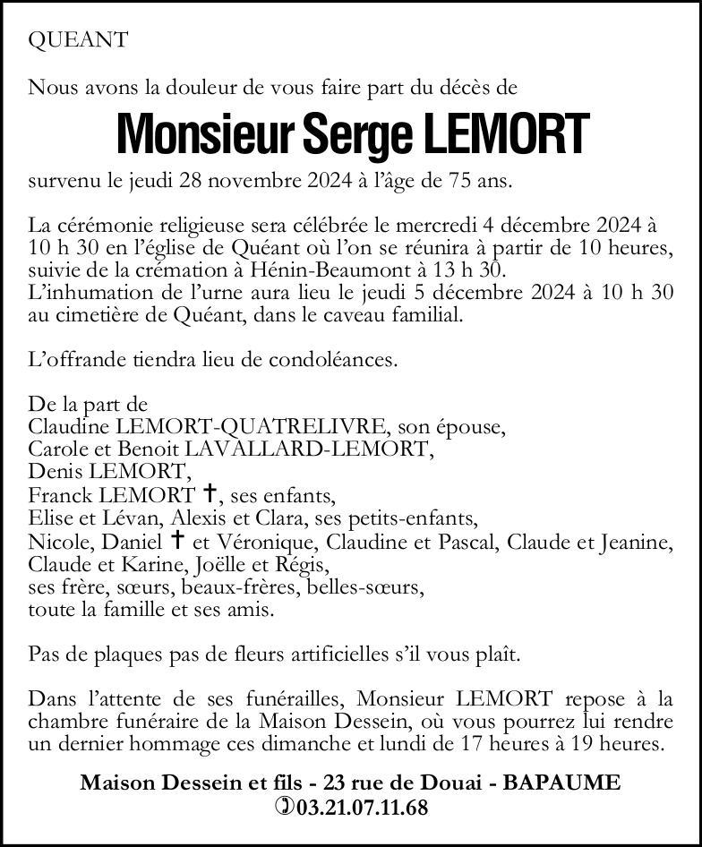 Avis de décès - Monsieur Serge LEMORT