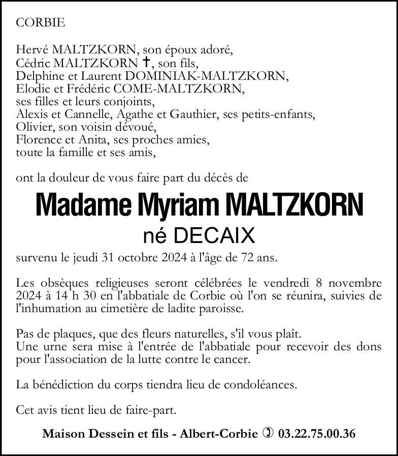 Avis de décès Myriam MALTZKORN