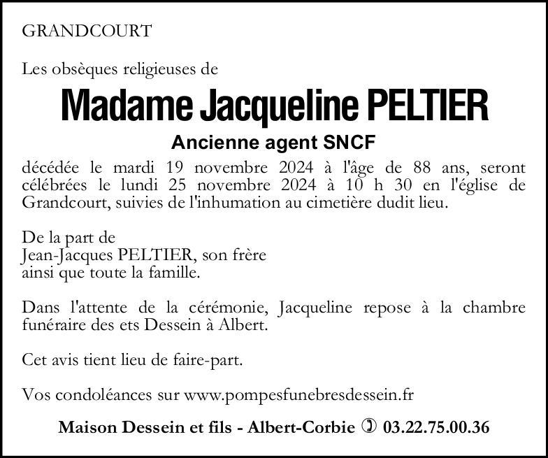 Avis de décès de Madame Jacqueline PELTIER