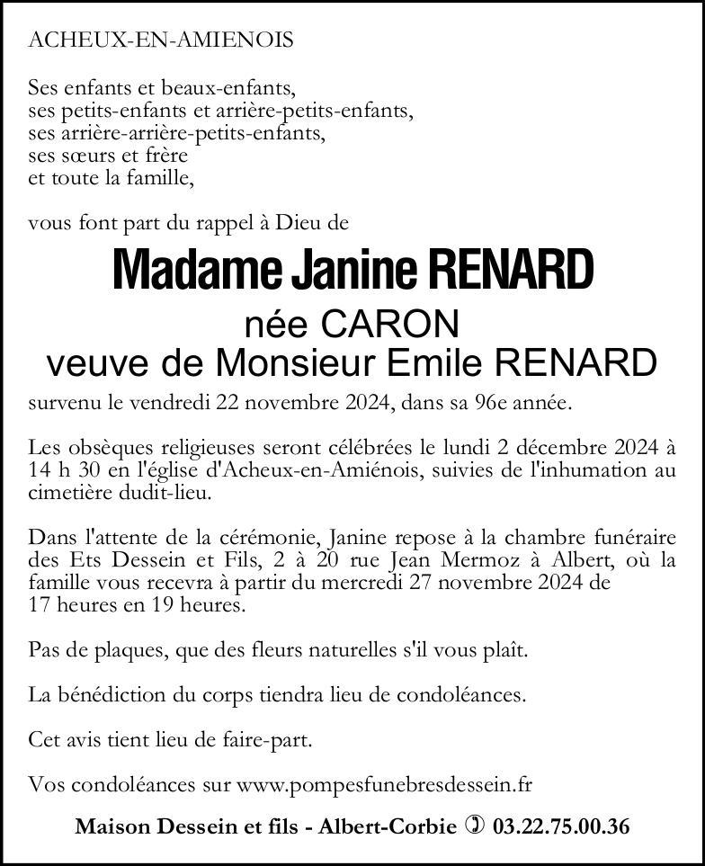 Avis de décès de Madame Janine RENARD née CARON