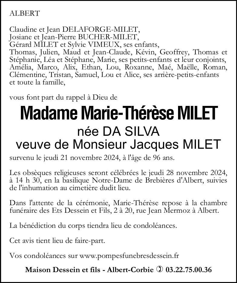 Avis de décès de Madame Marie-Thérèse née DA SILVA