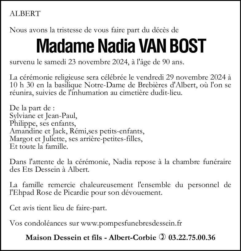 Avis de décès de Madame Nadia VAN BOST