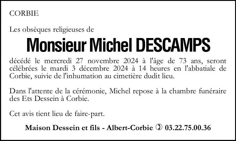 Avis de décès de Monsieur Michel DESCAMPS