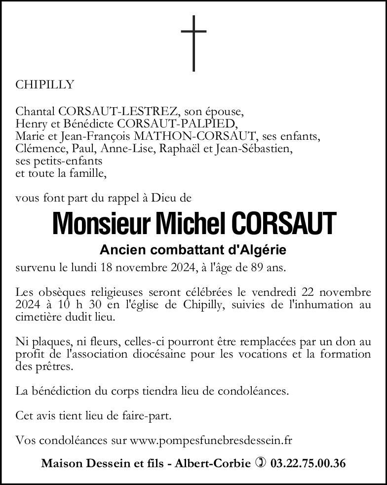 Avis de décès de Monsieur Michel CORSAUT