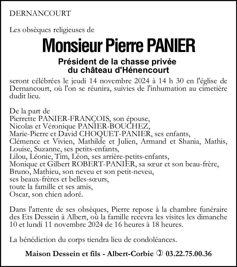 Avis de décès de Monsieur Pierre PANIER