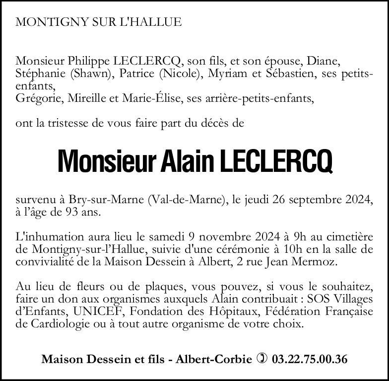 avis de décès de Monsieur Alain LECLERCQ