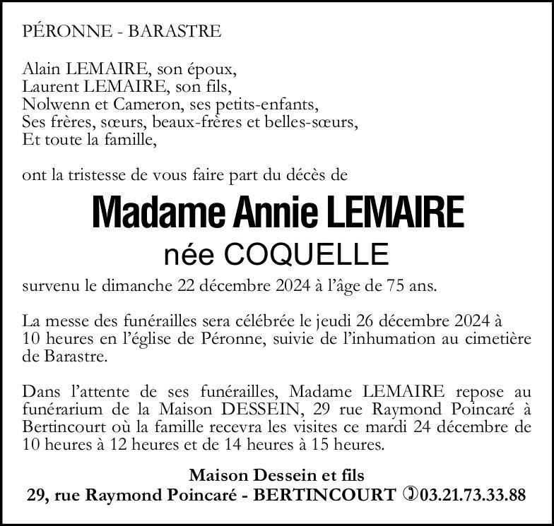 Avis de décès - Madame Annie LEMAIRE née COQUELLE