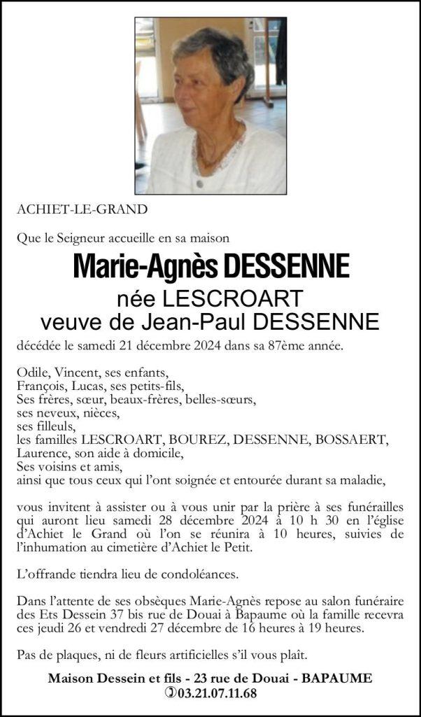 Avis de décès - Madame Marie-Agnès DESSENNE née LESCROART