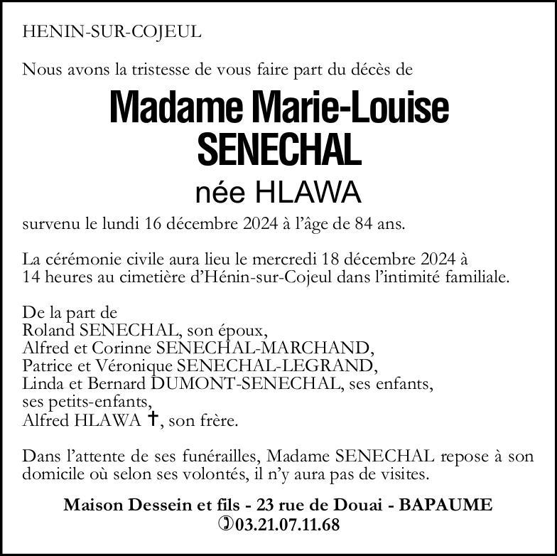 Avis de décès - Madame Marie-Louise SENECHAL née HLAWA