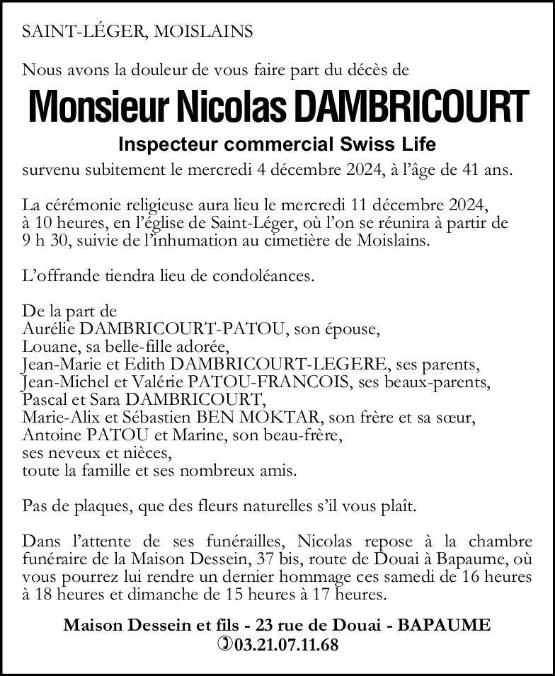 Avis de décès - Nicolas DAMBRICOURT