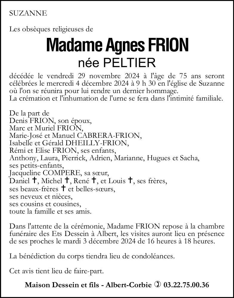 Avis de décès de Madame Agnès FRION