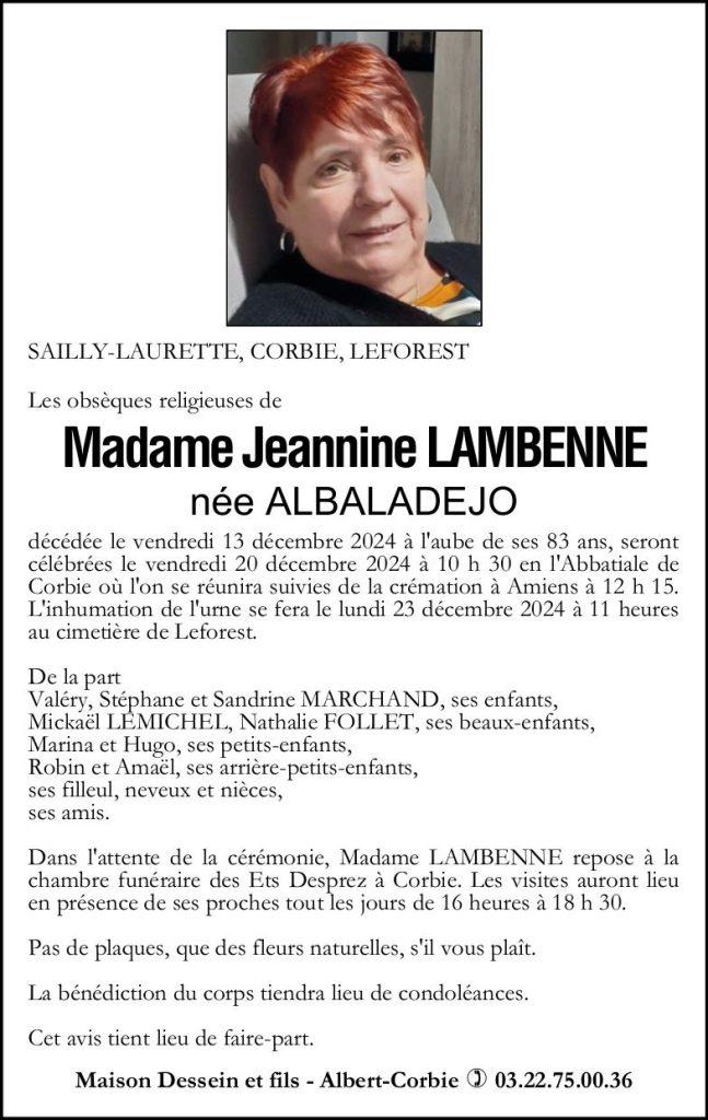 Avis de décès de Madame Jeannine LAMBENNE née ALBALADEJO