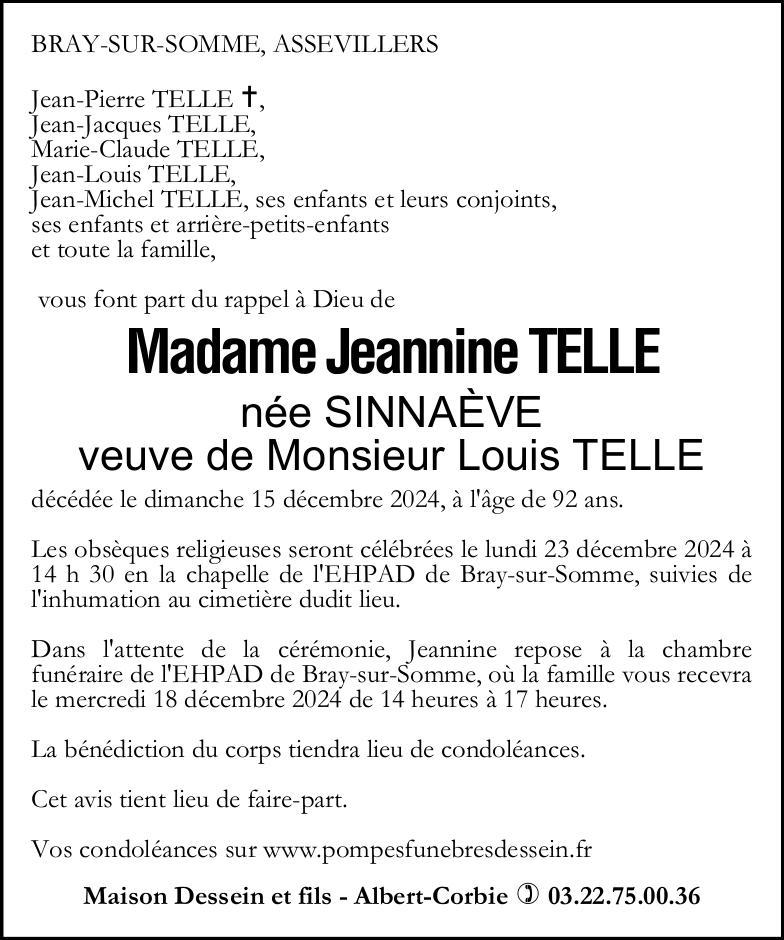 Avis de décès de Madame Jeannine TELLE née SINNAÈVE