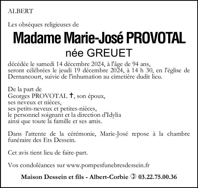 Avis de décès de Madame Marie-José PROVOTAL