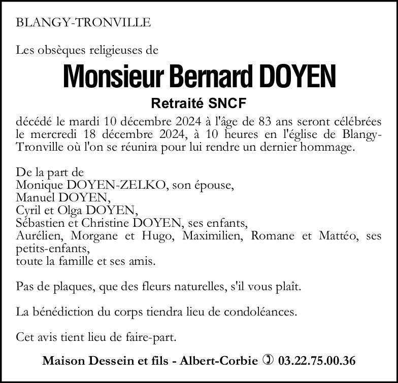 Avis de décès de Monsieur Bernard DOYEN