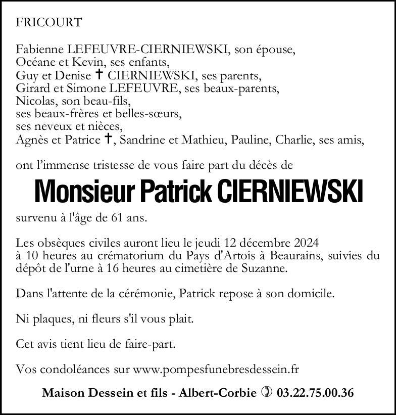 Avis de décès de Monsieur CIERNIEWSKI Patrick