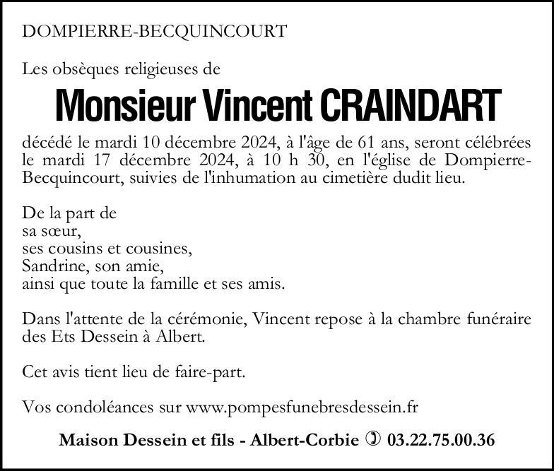 Avis de décès de Monsieur CRAINDART Vincent