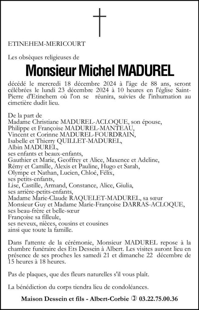 Avis de décès de Monsieur Michel MADUREL