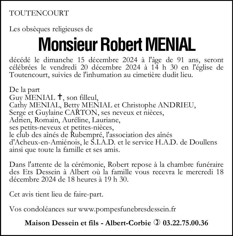 Avis de décès de Monsieur Robert MENIAL