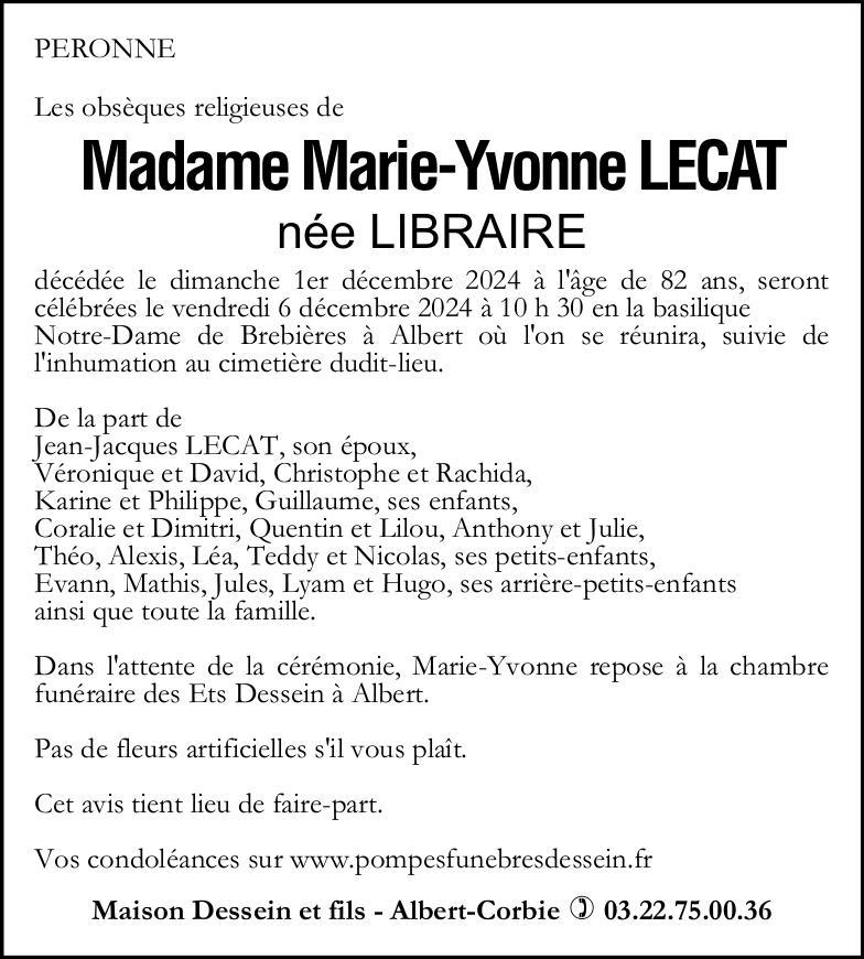 avis de décès de Madame Marie-Yvonne LECAT