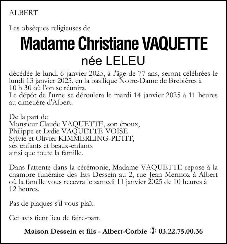 Avis de décès Christiane VAQUETTE