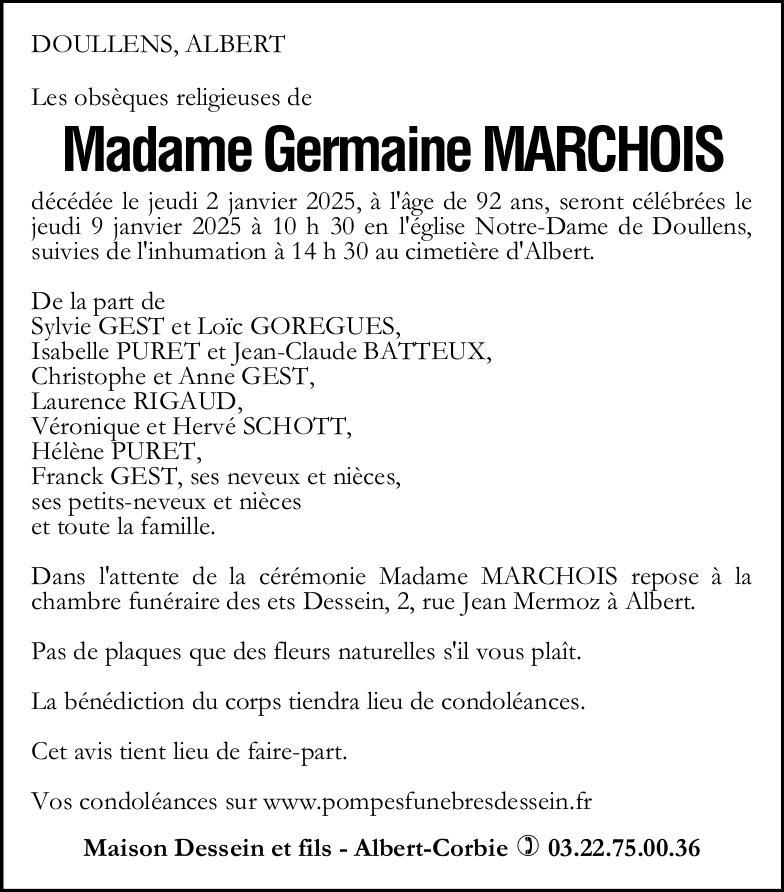 Avis de décès de Madame Germaine MARCHOIS