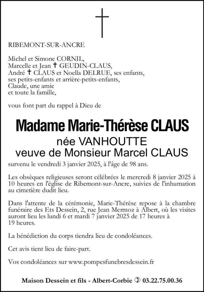 Avis de décès de Madame Marie-Thérèse CLAUS née VANHOUTTE