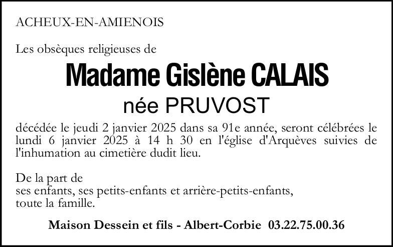 Avis de décès de Mme Gislène CALAIS née Pruvost